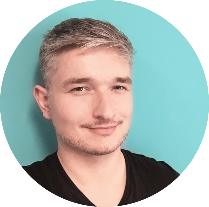 A photo of James Check set to a light blue background
